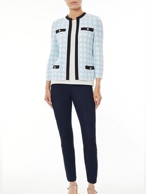 Ming Wang Houndstooth Contrast Trim Knit Jacket –  XL – Blue/White GOLD BUTTONS